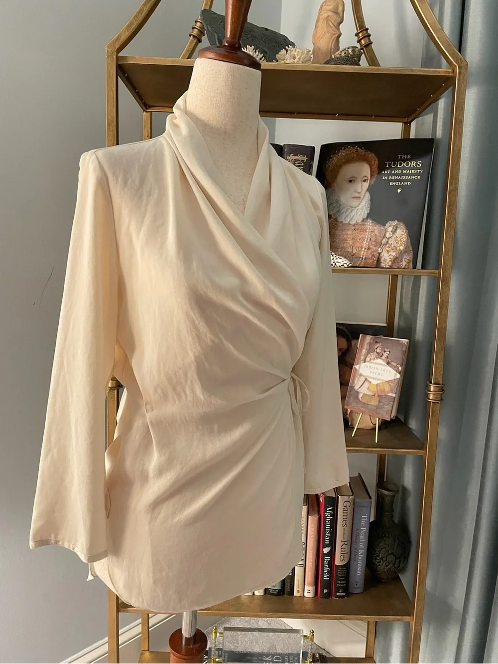 Aritzia Wilfred Cream Wrap Blouse XS XXS 3/4 Sleeves Tie Waist - Picture 6 of 15